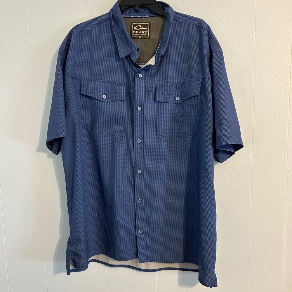 Drake Waterfowl Mens Blue Micro Check Short Sleeve Performance Shirt XL DS2002-